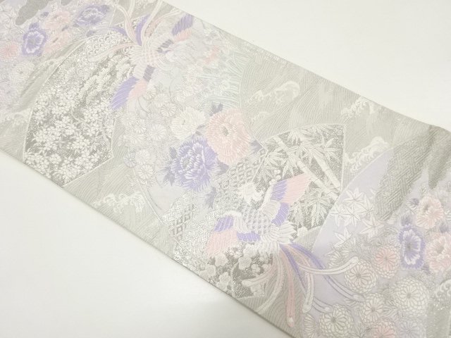 アンティーク　プラチナ箔　地紙に鳳凰・草花模様織り出し袋帯（材料）